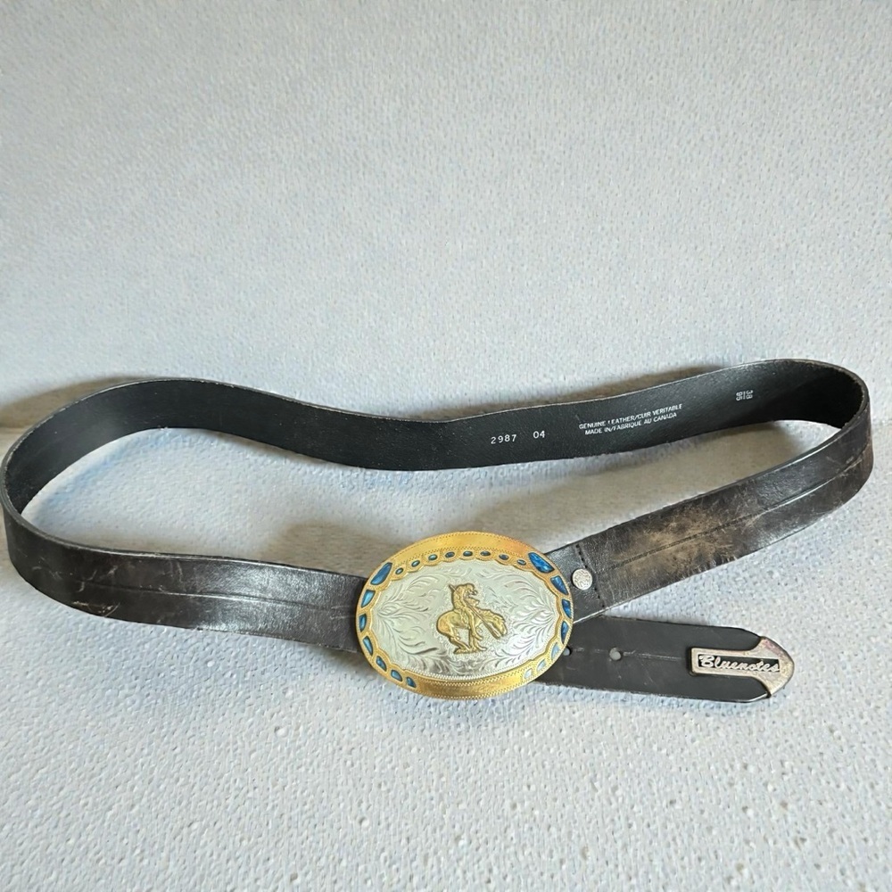 Vintage Blue Notes Leather Western Belt w/ Horse Buckle | Made in Canada 38